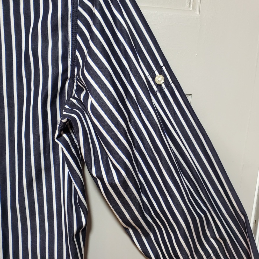LRL Lauren Jeans Co Women Shirt Large Button Up Navy/White Stripe Nautical - Picture 9 of 14
